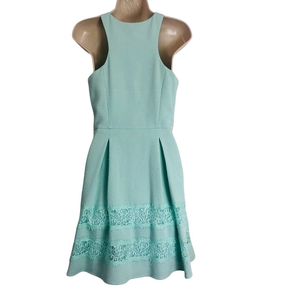 Express Fit & Flare Turquoise Sleeveless Dress Front Zip Pockets Lace Trim - Picture 6 of 16